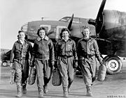 Airplane Pictures - Four women pilots leaving their ship, Pistol Packin' Mama, at the four-engine school at Lockbourne AAF, Ohio, during WASP training to ferry B-17 Flying Fortresses. L to R are Frances Green, Marget (Peg) Kirchner, Ann Waldner and Blanche Osborn