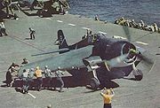 Airplane Pictures - Grumman F6F-3 Hellcat on the flight deck of USS Yorktown (CV-10) prior to take off, having its wings extended