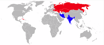 Airplane Picture - Operators of the MiG-27 in blue (former operators in red). NB. Iran is mistakenly shown as blue when it should be red.